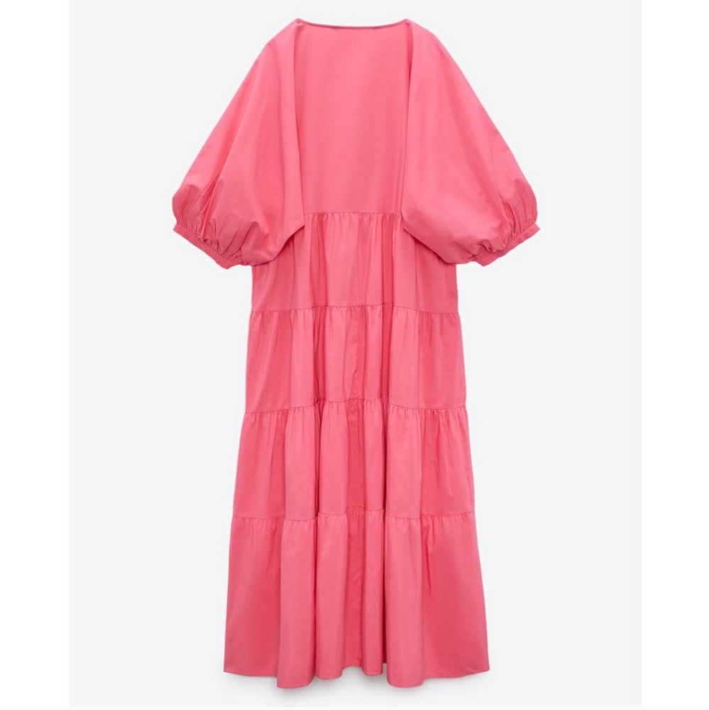 ZARA * Tiered Poplin Pink Dress Voluminous Flowy Maxi - Picture 7 of 13
